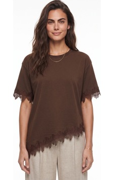 Onloox Kadın Kahverengi Kahverengi Pamuklu Bisiklet Yaka Oversize Asimetrik Kesim Dantel Detaylı Kısa Kollu T-shirt Onloox Kadın Kahverengi Kahverengi Pamuklu Bisiklet Yaka Oversize Asimetrik Kesim Dantel Detaylı Kısa Kollu T-shirt