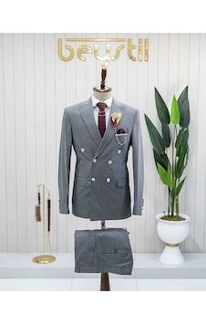 Bys Beystil Sivri Yaka Gri Çizgili Kruvaze Takım Elbise Togo - Slim Fit Bys Beystil Sivri Yaka Gri Çizgili Kruvaze Takım Elbise Togo - Slim Fit