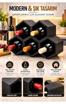 Siyah Modern Şarap Stand 5 Hazneli Şık Tasarım Şarap Şişe Organizer Stand