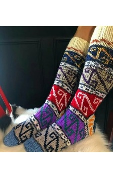 Meskstore El Örgüsü Sıcak Tutan Otantik Kışlık Yün Çorap Gri