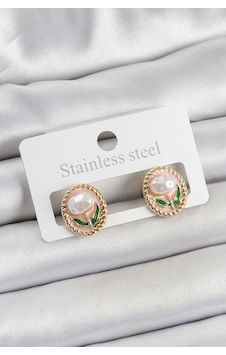 Pirinç Pembe Mineli Lale Figürlü Sanatsal Portre Model Gold Renk Kadın Küpe Tj-bkp10672 Altın - Çok Renkli