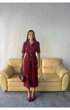Gizers Giyim Tencel Önden Düğmeli Kısa Kol Elbise - Bordo Gizers Giyim Tencel Önden Düğmeli Kısa Kol Elbise - Bordo
