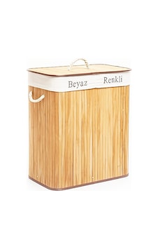 Dikdörtgen İki Bölmeli İç Bez Bambu Ahşap Kirli Çamaşır Sepeti İp Kulp 52x32x62cm 5570 Çok Renkli Dikdörtgen İki Bölmeli İç Bez Bambu Ahşap Kirli Çamaşır Sepeti İp Kulp 52x32x62cm 5570 Çok Renkli