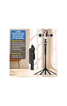 1.8 Metre Aı Akıllı Takipli Selfie Çubuğu Çift Işıklı 4 Ayaklı Tripod, 180 Döner Telefon Standı Ve Uzaktan Kumanda