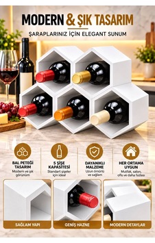 Beyaz Modern Şarap Stand 5 Hazneli Şık Tasarım Şarap Şişe Organizer Stand