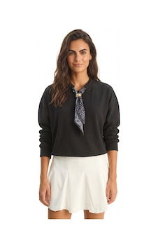 Onloox Kadın Siyah Siyah Pamuklu Ottoman Dokulu Bisiklet Yaka Uzun Kollu Fular Detaylı Sweatshirt Onloox Kadın Siyah Siyah Pamuklu Ottoman Dokulu Bisiklet Yaka Uzun Kollu Fular Detaylı Sweatshirt