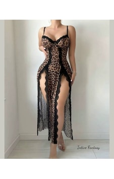 Intive Fantasy Derin Yan Yırtmaçlı Leopar Dantel Detaylı Uzun Fan Leopar Intive Fantasy Derin Yan Yırtmaçlı Leopar Dantel Detaylı Uzun Fan Leopar