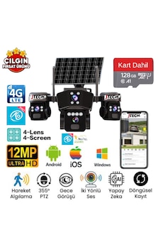 O-kam Ok-303 Premium 4g 4x3mp 12mp 4g Sim Kartlı Solar Panelli 4 Lens 1 Alert Ptz Akıllı Kamera + 128gb Sd Kar