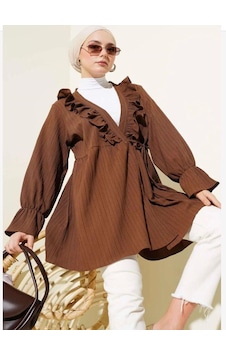 Lovie Moda Kadın Yaka Fırfırlı Kimono Kahverengi Lovie Moda Kadın Yaka Fırfırlı Kimono Kahverengi