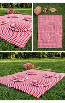 Piknik Takımı Seti - Sıvı Geçirmez Piknik Örtüsü & 4 Adet Minder Leke Tutmaz, Kolay Temizlenir Çok Renkli