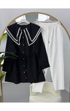 Lovie Moda Vintage Yaka Pantolonlu Takım Siyah Lovie Moda Vintage Yaka Pantolonlu Takım Siyah