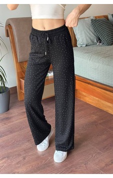 Pera Aksesuar Geniş Paça Siyah Beli Lastikli Taşlı Pantolon Siyah Siyah