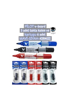 Pilot V-board 3 Adet Tahta Kalem Ve Kartuşu 6 Adet Mavi-siyah-kırmızı Çok Renkli Pilot V-board 3 Adet Tahta Kalem Ve Kartuşu 6 Adet Mavi-siyah-kırmızı Çok Renkli