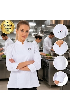 Logonuza Özel 5 Adet Beyaz Kadın Şef Ceketi - Gabardin Kumaş Profesyonel Aşçı Ceketi Logonuza Özel 5 Adet Beyaz Kadın Şef Ceketi - Gabardin Kumaş Profesyonel Aşçı Ceketi