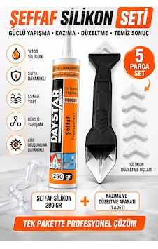 Şeffaf Silikon 290 Gr + 5 Başlıklı Silikon Kazıma Ve Derz Düzeltme Aparatı Seti Şeffaf Silikon 290 Gr + 5 Başlıklı Silikon Kazıma Ve Derz Düzeltme Aparatı Seti