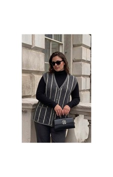 Onno Style Women Kazayağı Desen Renkli Çelik Örgü Triko Kadın Yelek Gri Onno Style Women Kazayağı Desen Renkli Çelik Örgü Triko Kadın Yelek Gri