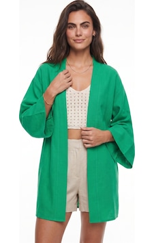 Onloox Kadın Yeşil Yeşil Keten Viskon Dokulu Geniş Kol Rahat Kesim Basic Kısa Boy Kimono Onloox Kadın Yeşil Yeşil Keten Viskon Dokulu Geniş Kol Rahat Kesim Basic Kısa Boy Kimono