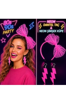 Neon Pembe Dantel Taç Ve Şimşek Küpe 80&apos Ler 90&apos Lar Parti Seti Neon Pembe Dantel Taç Ve Şimşek Küpe 80&apos Ler 90&apos Lar Parti Seti