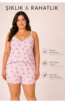 Bravie Kadın Büyük Beden İp Askılı Yakası Dantelli Pembe Kiraz Desenli Yazlık Pijama Takımı Bravie Kadın Büyük Beden İp Askılı Yakası Dantelli Pembe Kiraz Desenli Yazlık Pijama Takımı