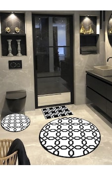 Zincir, Pamuk Dokuma Taban Yuvarlak Banyo Halısı 100x100-60x60-40x60 Cm 3 Lü Set Arb8076 Siyah