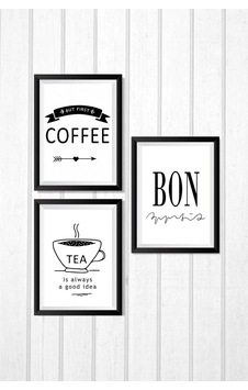 3 Parça Mutfak Coffee Bon Ev Dekorasyon Ahşap Çerçeve Görünümlü Ev Ürünleri Mdf Tablo Set Siyah - 611730618 Siyah
