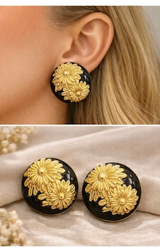 Kadın Küpe Vintage Büyük Düğme Gold Çiçek Desen Küpe Siyah Kadın Küpe Vintage Büyük Düğme Gold Çiçek Desen Küpe Siyah