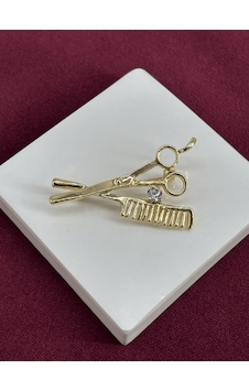 Makas Ve Tarak Figürlü Taşlı Gold Broş Gold Makas Ve Tarak Figürlü Taşlı Gold Broş Gold