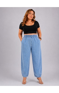 Büyük Beden Denim Beli Latikli Taş Baskılı Balon Kesim Kadın Pantolon Mavi Büyük Beden Denim Beli Latikli Taş Baskılı Balon Kesim Kadın Pantolon Mavi