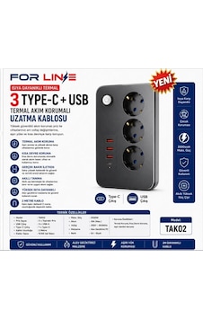 Forline Tak02 3'lü 2mt 1type-c+2usb Çıkışlı Akım Korumalı Grup Priz 2 M