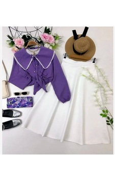 Lovie Moda Kadın Yaka İşlemeli Etekli Takım Mor Lovie Moda Kadın Yaka İşlemeli Etekli Takım Mor