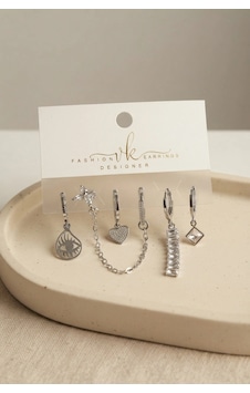 Mey İthalat Gümüş Renk Pirinç Baget Zirkon Taş Detaylı 6'lı Küpe Kombin Seti 14k Altın Mey İthalat Gümüş Renk Pirinç Baget Zirkon Taş Detaylı 6'lı Küpe Kombin Seti 14k Altın