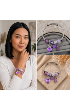 Premium Parlak Mor Çiçek Ve Kristal Charm Detaylı Gümüş Renk Kadın Charm Bijuteri Bileklik 20cm Gümüş - Mor Premium Parlak Mor Çiçek Ve Kristal Charm Detaylı Gümüş Renk Kadın Charm Bijuteri Bileklik 20cm Gümüş - Mor