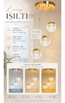 World Gold Sarı Kaplama 3 Renk Işıklı Led Avize Üçlü Sarkıt Salon Avizesi World Gold Sarı Kaplama 3 Renk Işıklı Led Avize Üçlü Sarkıt Salon Avizesi