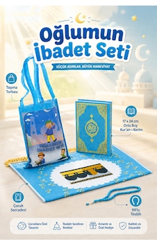 Çantalı Erkek Çocuk İbadet Seti Mavi Kabe Motifli İsimli Seccade Orta Boy Kuranı Kerim Tesbihli Çantalı Erkek Çocuk İbadet Seti Mavi Kabe Motifli İsimli Seccade Orta Boy Kuranı Kerim Tesbihli