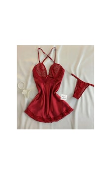 Mh Moony Homewears 2'li Ulyses Kırmızı Ekstra Mini Saten Gecelik İç Giyim Seti Kırmızı