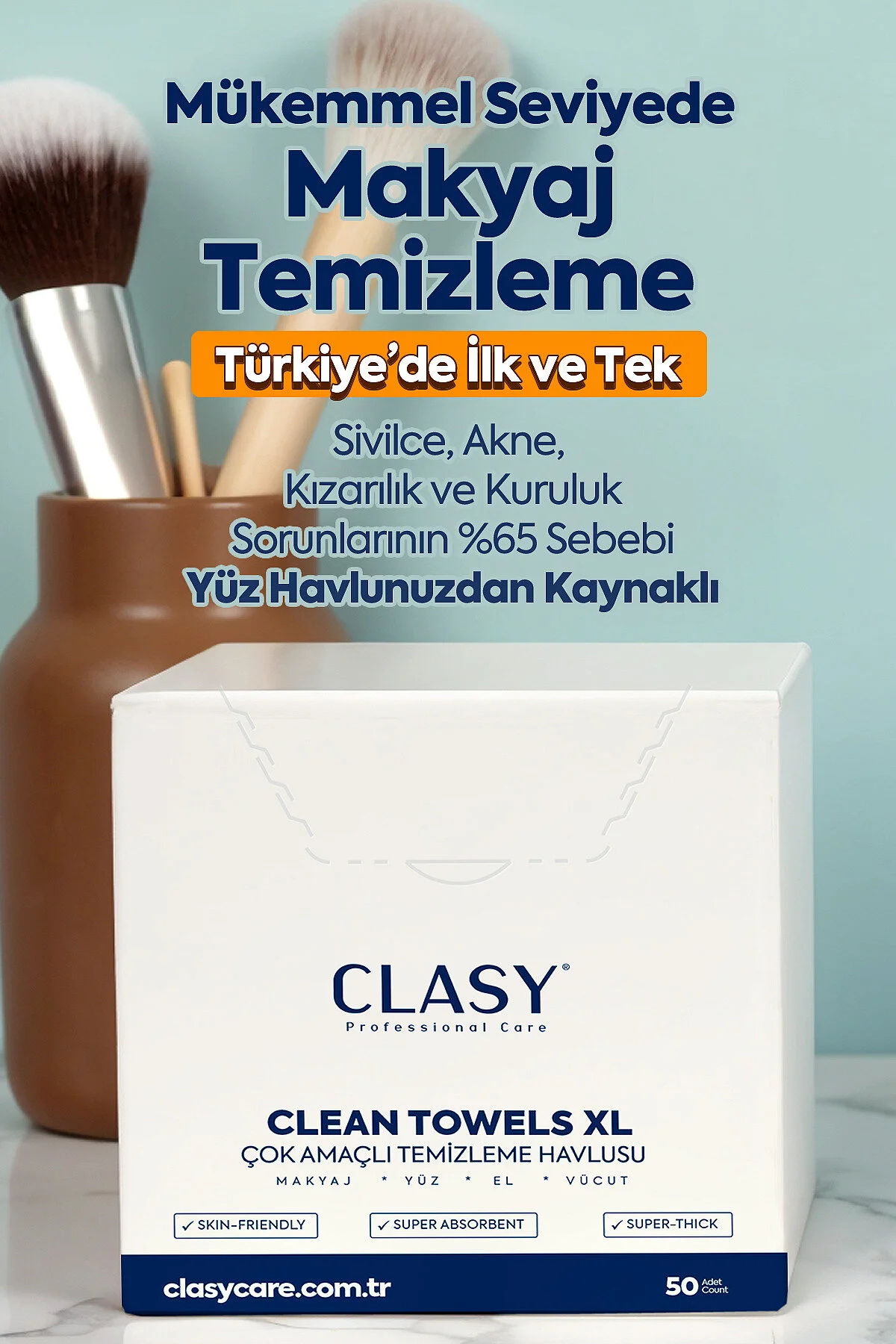 Clasy Care Clean Towels XL Makyaj ve Yüz Temizleme Havlusu 50'li