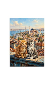 Çatıda İstanbul Manzaralı İki Kedi Dekoratif Kanvas - Mdf Ahşap Tablo Çok Renkli