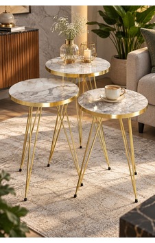 Sulorahome Gold Zigon Sehpa Takımı 3'lü Set Beyaz Mermer Sulorahome Gold Zigon Sehpa Takımı 3'lü Set Beyaz Mermer