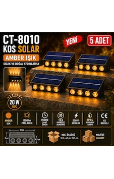 Cata Ct-8010 Kos Solar 20w Led Aplik Amber Işık 5'li Set Güneş Enerjili Yukarı Aşağı Aydınlatma Sarı