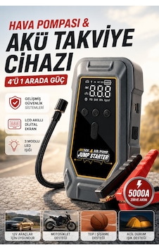 Akü 12.000 Mah Şarjlı Taşınabilir Takviye Cihazı Lastik Hava Kompresörü Powerbanklı Işıklı Çantalı