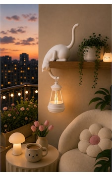 Dekoratif Kedi Raf Süsü Ve Led Fener Seti 24cm Modern Masa & Duvar Dekoru Beyaz Dekoratif Kedi Raf Süsü Ve Led Fener Seti 24cm Modern Masa & Duvar Dekoru Beyaz