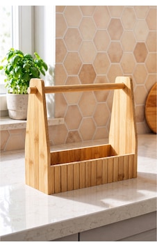 Bambu Kağıt Havluluk Ve Peçetelik Organizer 26,5x10x25 Cm Çok Amaçlı Mutfak Düzenleyici, Ahşap Tezgah Üstü Saklama Rafı, Bambu Organizer Standı Bej Bej