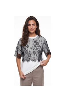 Onloox Kadın Siyah Beyaz Siyah Bisiklet Yaka Kısa Kollu Oversize Dantel Detaylı Basic T-shirt Onloox Kadın Siyah Beyaz Siyah Bisiklet Yaka Kısa Kollu Oversize Dantel Detaylı Basic T-shirt