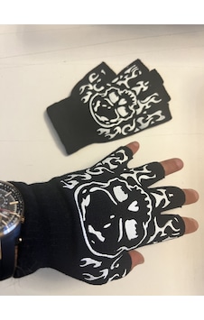 Airbrush Tattoo İskelet Kuru Kafa Parmaksız Kesik Yarım Parmak Eldiven Model3 Siyah