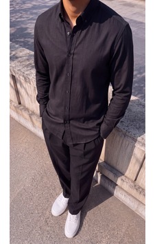 Butik İstanbul Erkek Standart Kesim Gabardin Kumaş Uzun Kollu Gömlek Siyah