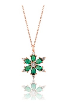 Zanaatsilver 925 ayar Gümüş Zincirli Yeşil taşlı Rose kaplama Lotus Kamelya Çiçeği kolye