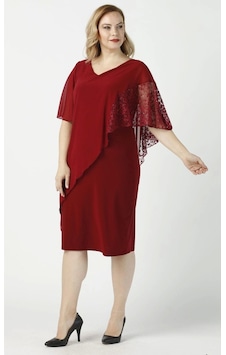 Moda Berray 4051 Bordo Pelerinli Esnek Kumaş Büyük Beden Elbise Bordo