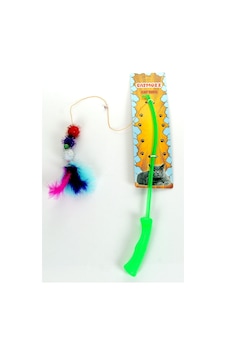 Catmozz Özel Tüylü Zilli Funny Plastik Saplı Kedi Oyuncağı Oltası 50 CM