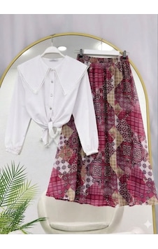 Lovie Moda Kadın Beyaz Fisto Gömlek Beli Lastikli Desenli Şifon Etek Takım - Bordo Lovie Moda Kadın Beyaz Fisto Gömlek Beli Lastikli Desenli Şifon Etek Takım - Bordo