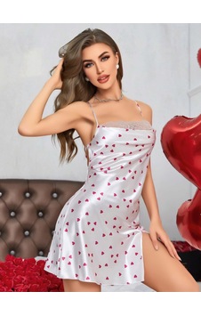 Northcity Kadın Beyaz Fuşya Kalp Desenli Saten Gecelik 2219